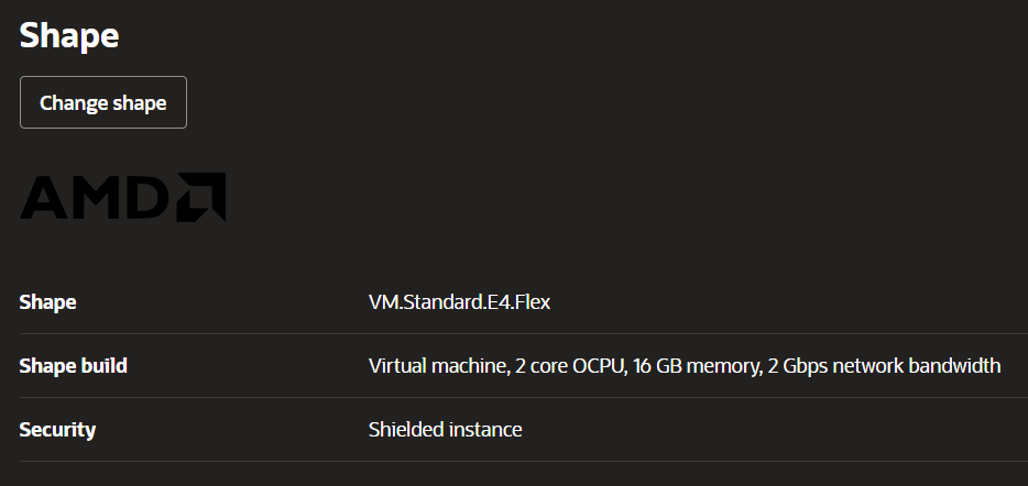 Oracle shape selection showing VM.Standard.E4.Flex AMD with 2 vCPU and 16 GB RAM for the Linux instance